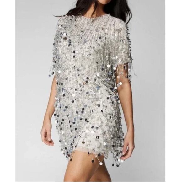 Nasty Gal Dresses & Skirts - NWT Nasty Gal Silver Disc Tassel Beaded Shift Dress in Silver